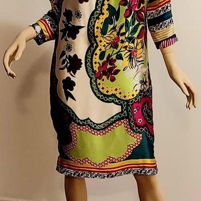 Vtg Silk Cache' Tunic Dress floral hand prunted