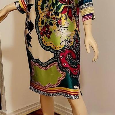 Vtg Silk Cache' Tunic Dress floral hand prunted