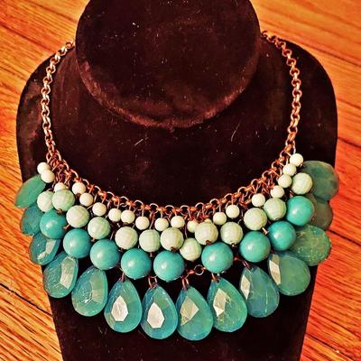 Vtg Turquoise Glass & Beads Statement Necklace Unsigned