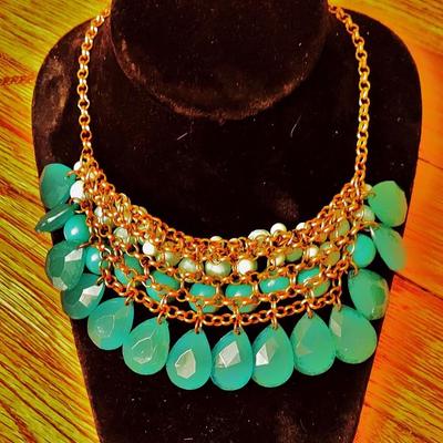 Vtg Turquoise Glass & Beads Statement Necklace Unsigned