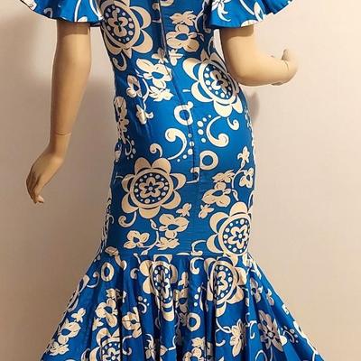 Vtg 1960's Royal Hawaiian Floral  Blue /White Maxi Fitted Ruffled  Large Hem Dress