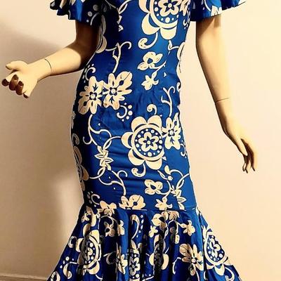 Vtg 1960's Royal Hawaiian Floral  Blue /White Maxi Fitted Ruffled  Large Hem Dress