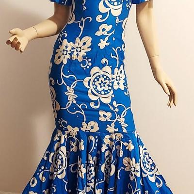 Vtg 1960's Royal Hawaiian Floral  Blue /White Maxi Fitted Ruffled  Large Hem Dress