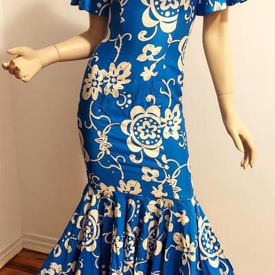 Vtg 1960's Royal Hawaiian Floral  Blue /White Maxi Fitted Ruffled  Large Hem Dress