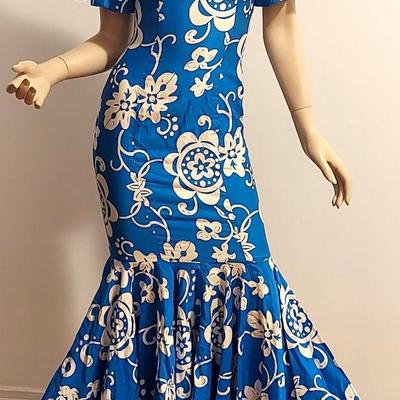 Vtg 1960's Royal Hawaiian Floral  Blue /White Maxi Fitted Ruffled  Large Hem Dress
