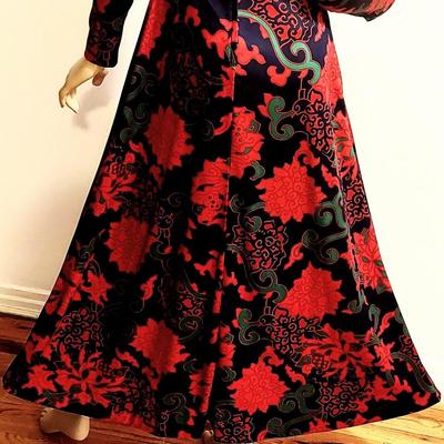 Vtg 1960's Emilio Borghese Maxi Hostess Gown Blue/Red Floral Design Italy
