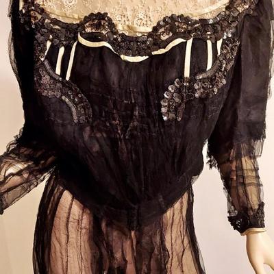 Antique Victorian 1890's  Museum Net Lace Skirt Ensemble Silk /Gelatin Sequins