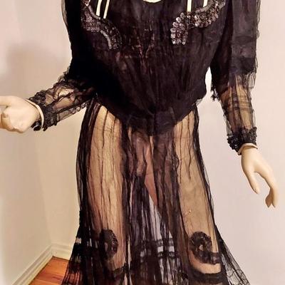 Antique Victorian 1890's  Museum Net Lace Skirt Ensemble Silk /Gelatin Sequins