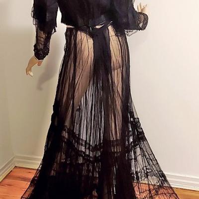 Antique Victorian 1890's  Museum Net Lace Skirt Ensemble Silk /Gelatin Sequins