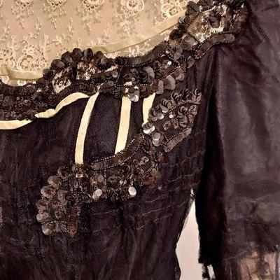 Antique Victorian 1890's  Museum Net Lace Skirt Ensemble Silk /Gelatin Sequins
