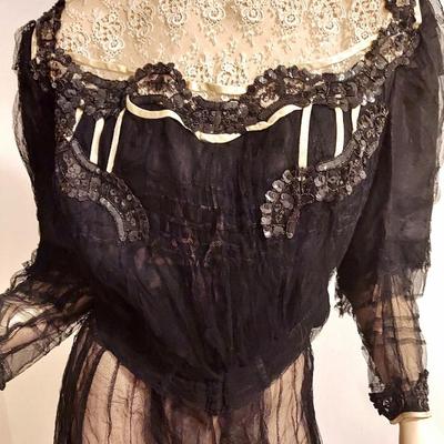 Antique Victorian 1890's  Museum Net Lace Skirt Ensemble Silk /Gelatin Sequins
