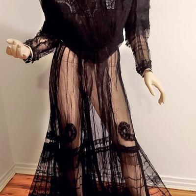 Antique Victorian 1890's  Museum Net Lace Skirt Ensemble Silk /Gelatin Sequins