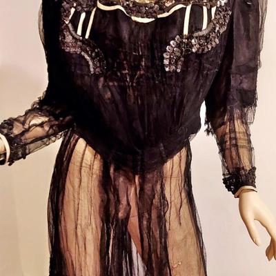 Antique Victorian 1890's  Museum Net Lace Skirt Ensemble Silk /Gelatin Sequins