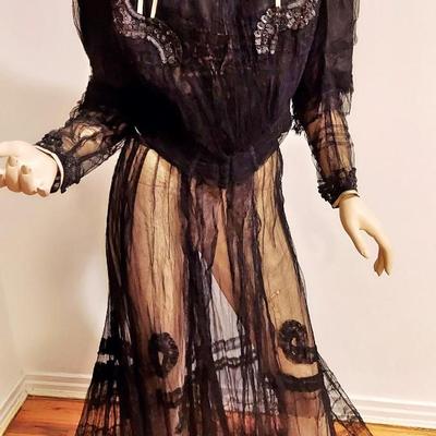 Antique Victorian 1890's  Museum Net Lace Skirt Ensemble Silk /Gelatin Sequins