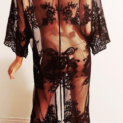 Vtg Black Embroidered Lace on Tulle Layering  Kimono/Coat Dress