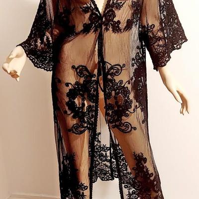 Vtg Black Embroidered Lace on Tulle Layering  Kimono/Coat Dress