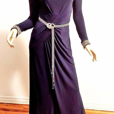 Grecian Draped  Embellished Maxi Blue Gown Crstals & Rhinestone Belt