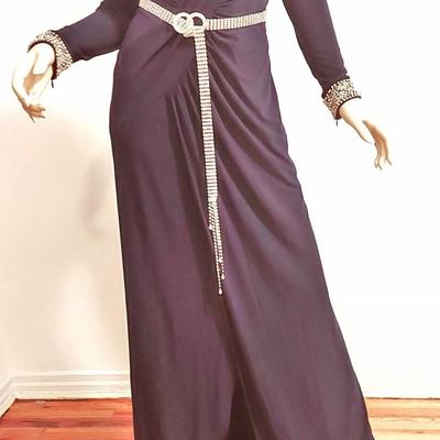 Grecian Draped  Embellished Maxi Blue Gown Crstals & Rhinestone Belt