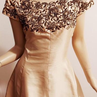 Vtg 1950's Heavy Embellished Trapeze Silk Shantung Golden Dress