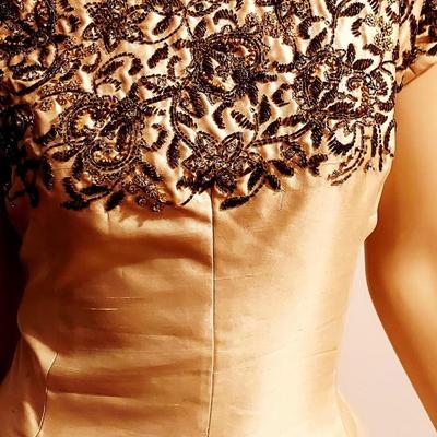 Vtg 1950's Heavy Embellished Trapeze Silk Shantung Golden Dress