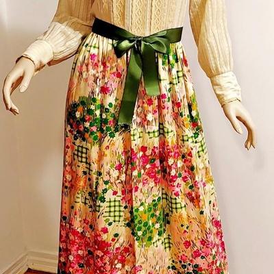 Vtg Prairie Maxi Quilted Dress Nardis Satin Kitten Bow Sash Circa 1960's