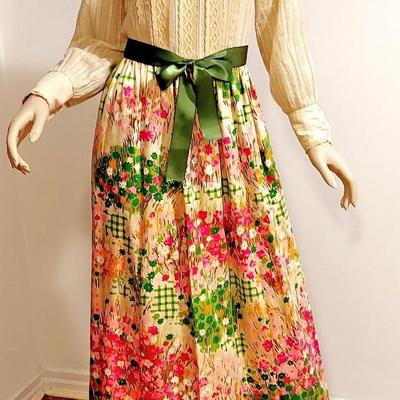 Vtg Prairie Maxi Quilted Dress Nardis Satin Kitten Bow Sash Circa 1960's