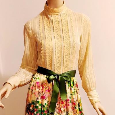 Vtg Prairie Maxi Quilted Dress Nardis Satin Kitten Bow Sash Circa 1960's