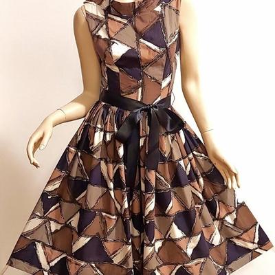 Vtg 1950's Fit & Flare Cotton Dress Geometric Pattern Brown/Black Satin sash