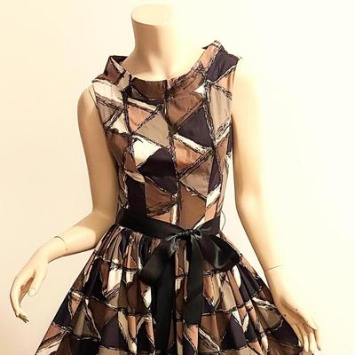 Vtg 1950's Fit & Flare Cotton Dress Geometric Pattern Brown/Black Satin sash