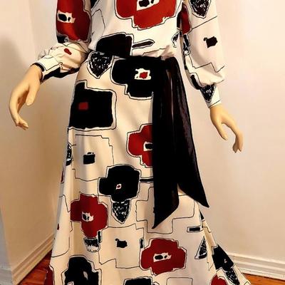 Maxi  Modernist 1970's Dress Abstract print Sash belt
