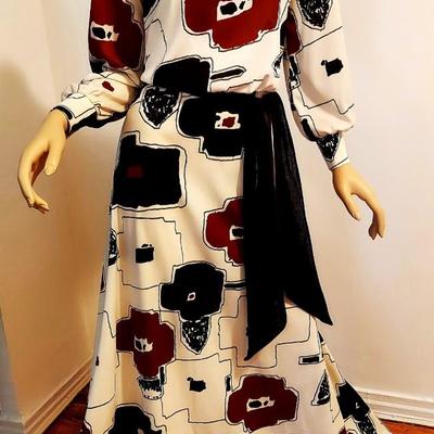 Maxi  Modernist 1970's Dress Abstract print Sash belt