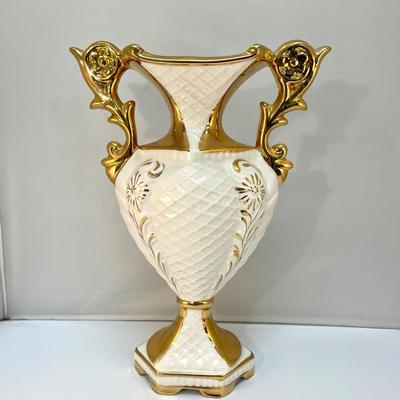 13” Creamy White Porcelain Ceramic Vase with Gold Leaf Design & Handles Italy