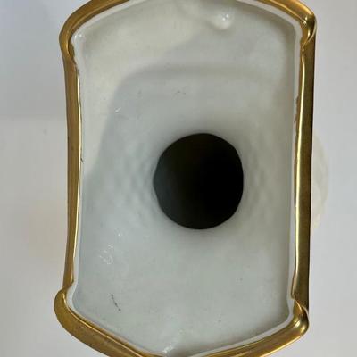 13” Creamy White Porcelain Ceramic Vase with Gold Leaf Design & Handles Italy