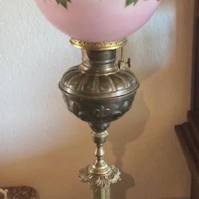 Antique Brass Kerosene Parlor Lamp With Onyx Table