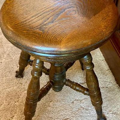 Antique Oak Piano Stool With Claw Feet On Glass Balls