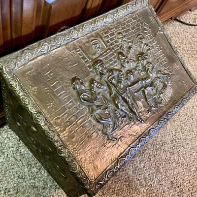 Vintage Brass Wood Box On Rollers