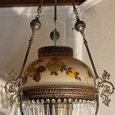Vintage Hanging Kerosene Lamp With Crystals