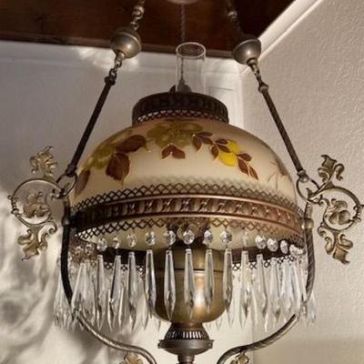 Vintage Hanging Kerosene Lamp With Crystals