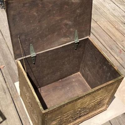 Large Vintage Brass Wood Box With Ship Motif