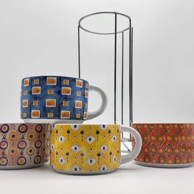 Pier One Stoneware Stacking Coffee Mugs & Rack