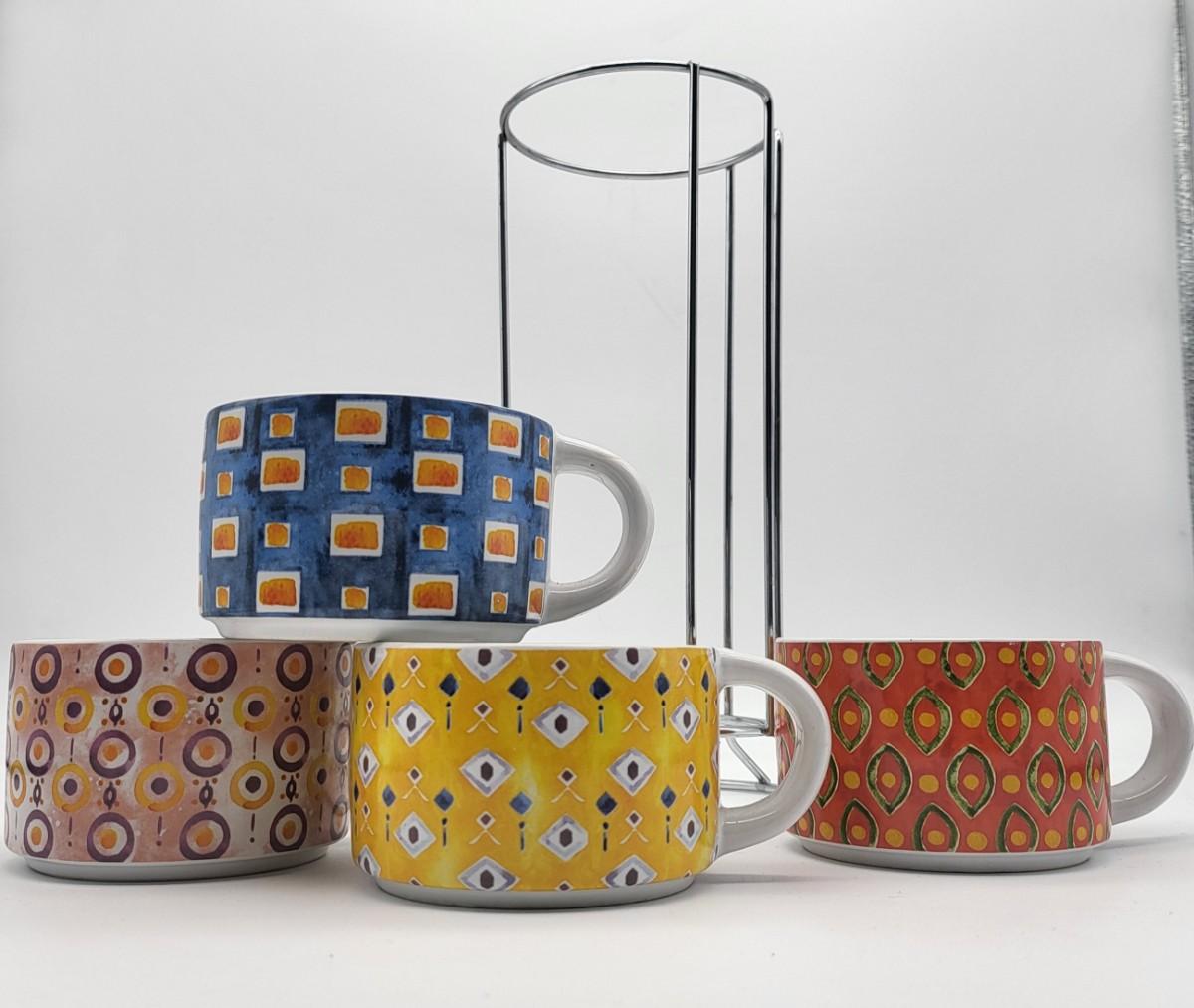 Pier One Stoneware Stacking Coffee Mugs & Rack