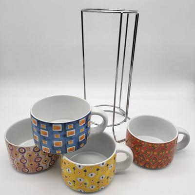 Pier One Stoneware Stacking Coffee Mugs & Rack