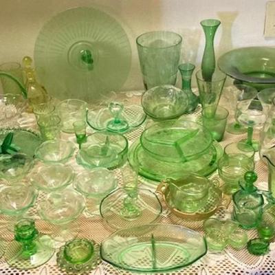Large Lot Of Green Depression Glass And Similar Glassware