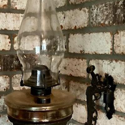 Vintage Kerosene Lamp With Cast Iron Mount