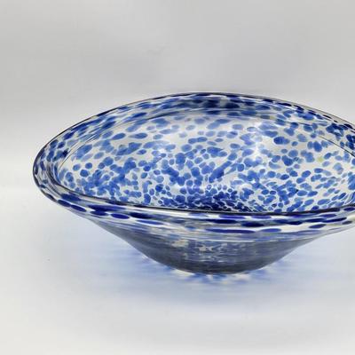 Blue Speckled Clear Art Glass Fruit Bowl