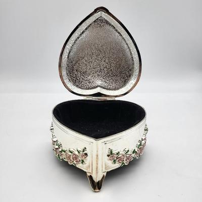 Silver & Pink Rose Heart Shaped Jewelry Box