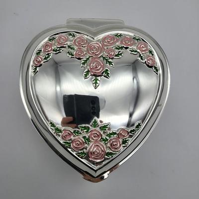 Silver & Pink Rose Heart Shaped Jewelry Box