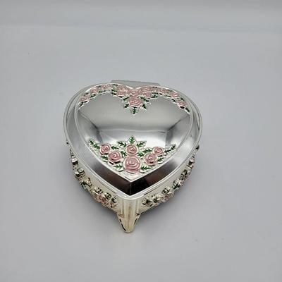 Silver & Pink Rose Heart Shaped Jewelry Box