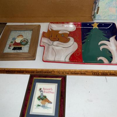 Ceramic Christmas Tray And Picture Painted Glass