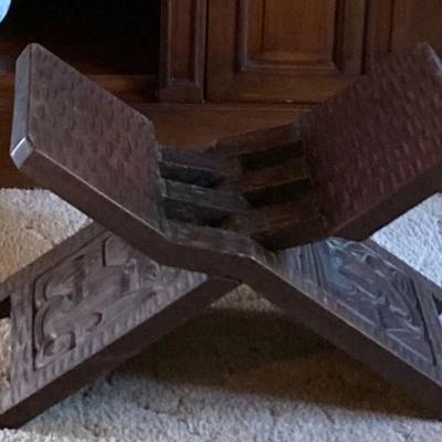 Hand Carved Wooden Folding Stool/Chair with Aztec Mayan Designs